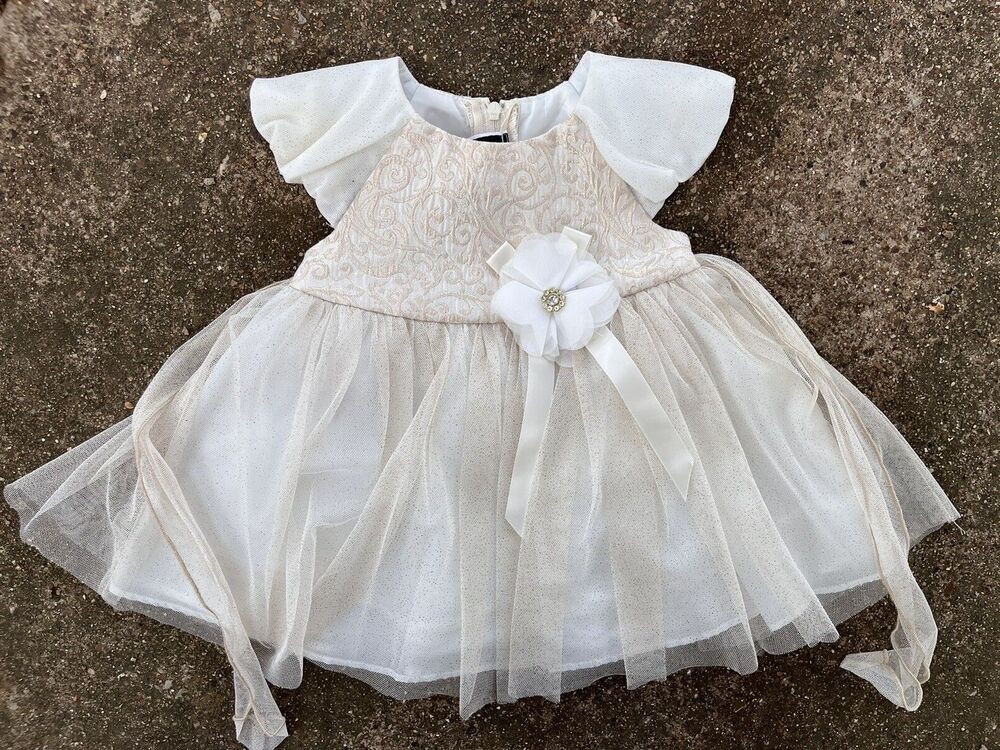 Rare Editions baby girl Beige Brocade Sparkly Skirt Party Dress size 6 months